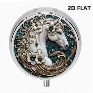 Horse Stallion Equine Theme Round Pill Organizer 3-Compartment Compact Pill Case